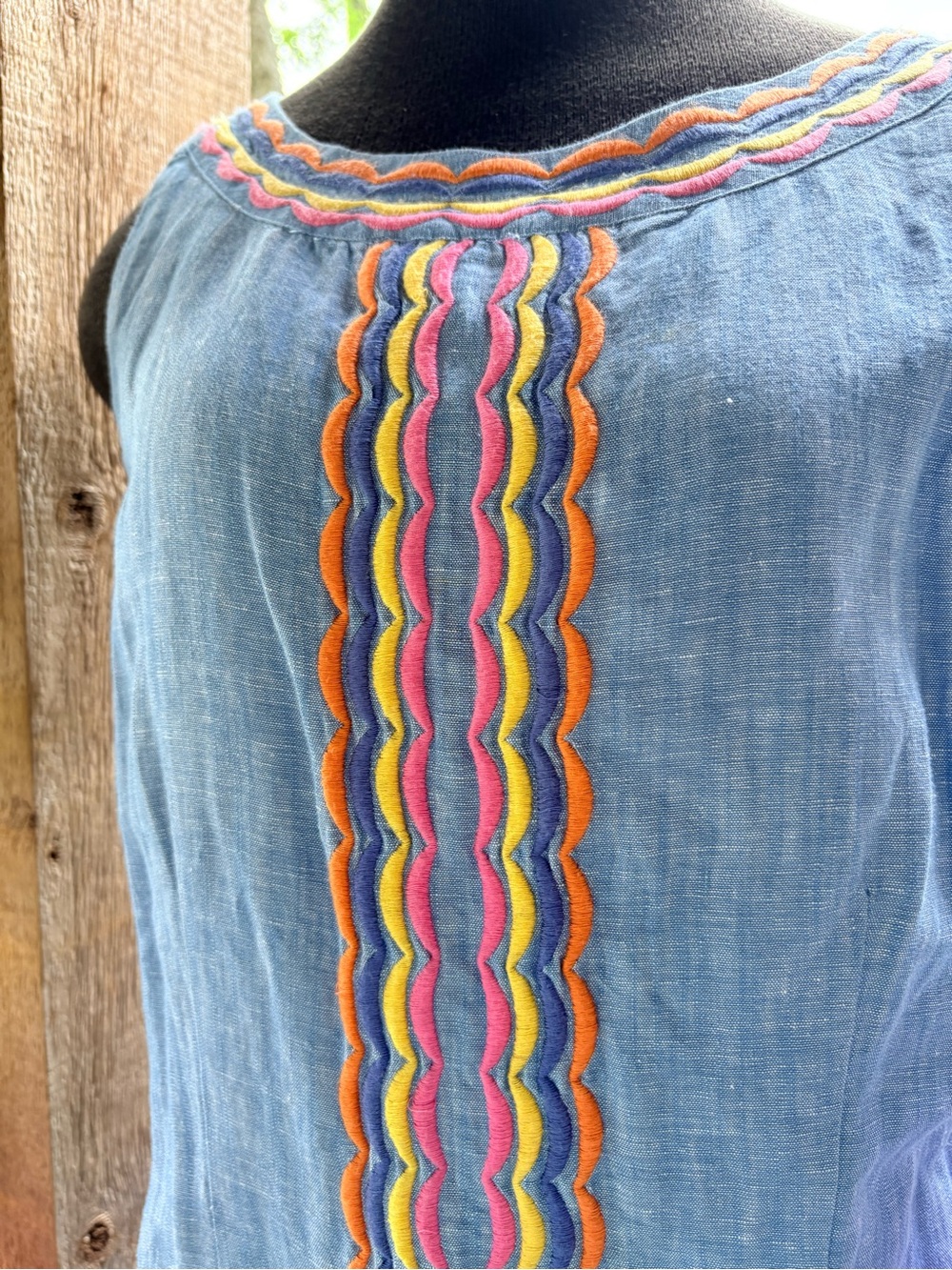 Talbots Blue Linen Sleeveless Sheath Dress w Multi-Color Embroidered Trim - Picture 3 of 7
